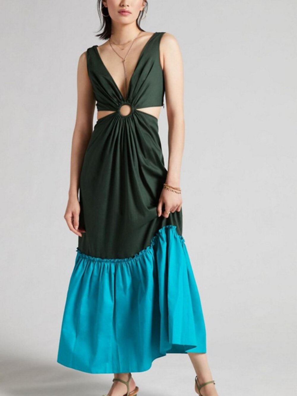 Anthropologie Geisha Designs: Flounced Cut-Out Maxi Dress, Green Teal Colorblock